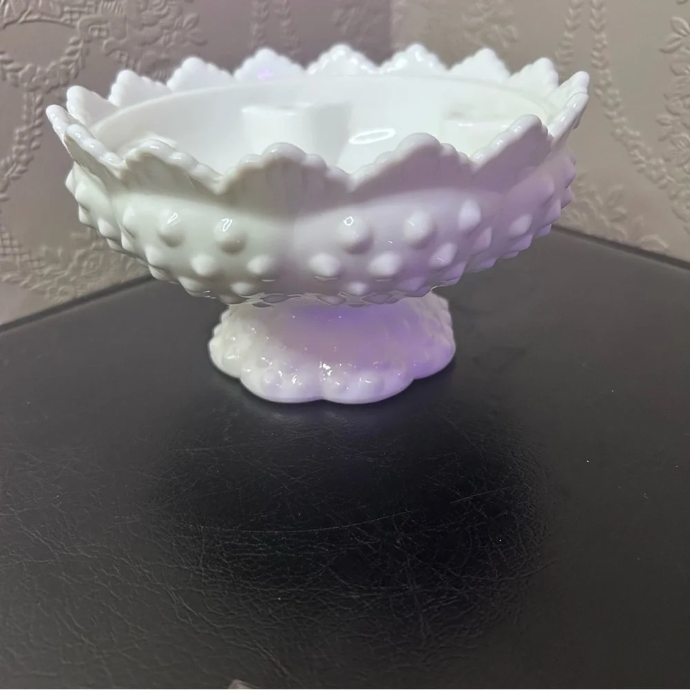 Vintage Fenton Footed HOBNAIL WHITE MILK GLASS 6 Candle Holder Bowl Centerpiece